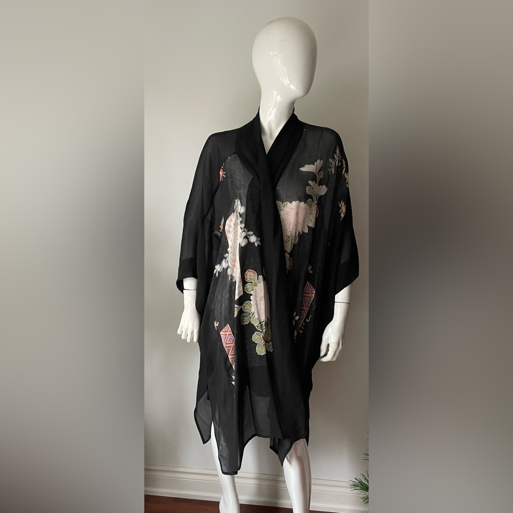 silk Floral Black Kimono Cardigan - Picture 4 of 7